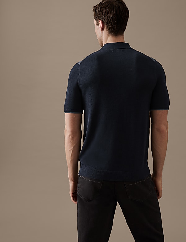 Cotton Blend Colour Block Knitted Polo Shirt