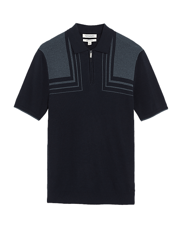 Cotton Blend Colour Block Knitted Polo Shirt