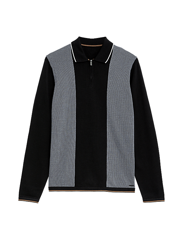 Cotton Rich Tipped Zip Up Knitted Polo Shirt
