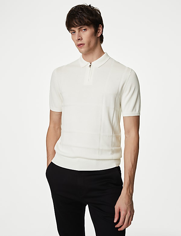 Cotton Modal Zip Up Knitted Polo Shirt IVORY Knitted Polo Shirts M S GR