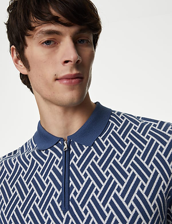 Cotton Rich Zip Up Knitted Polo Shirt