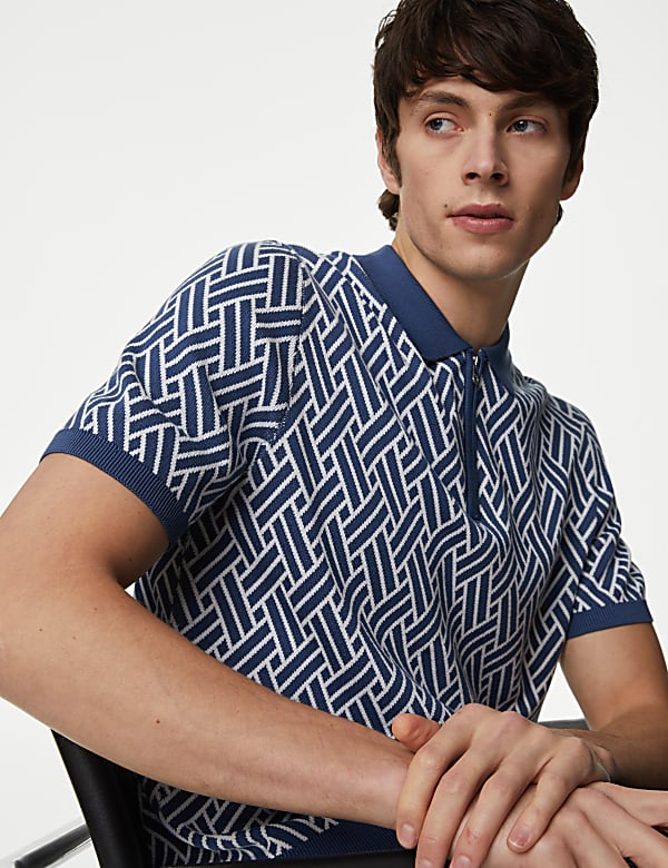 Cotton Rich Zip Up Knitted Polo Shirt
