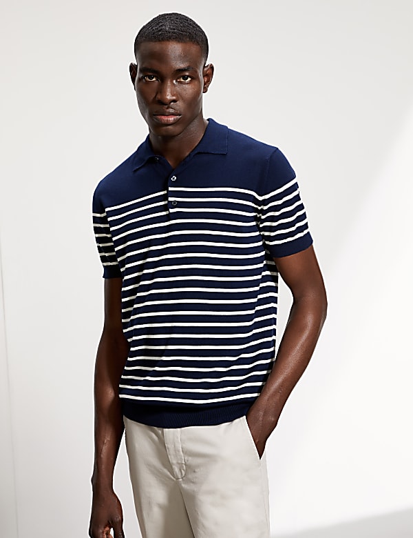 Pure Cotton Striped Knitted Polo Shirt