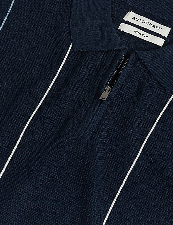 Silk Striped Zip Knitted Polo Shirt