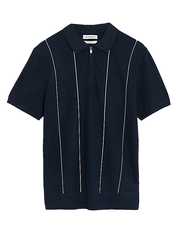Silk Striped Zip Knitted Polo Shirt