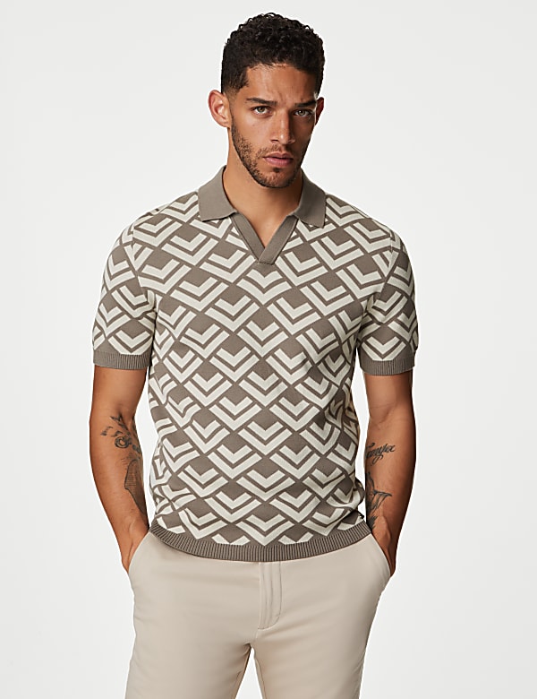 Cotton Rich Open Neck Knitted Polo Shirt