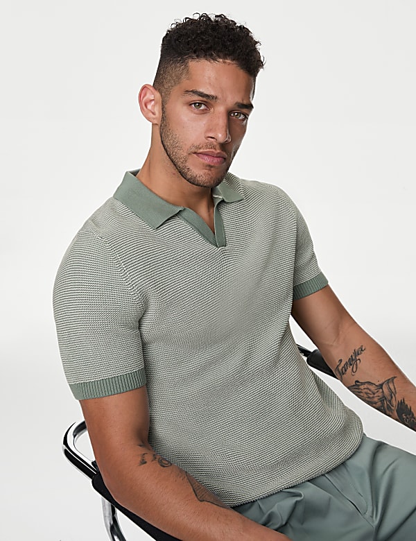 Cotton Rich Open Neck Knitted Polo Shirt