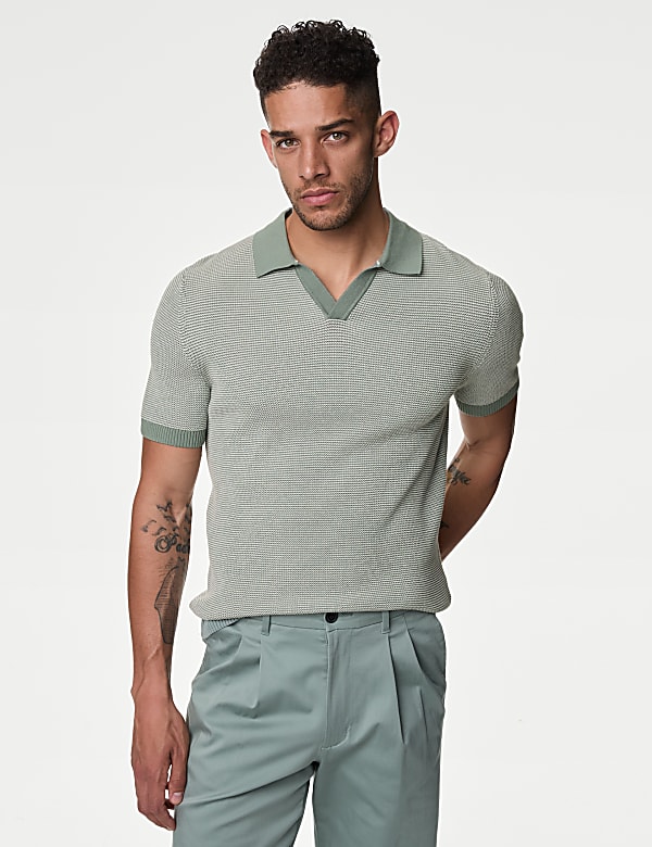 Cotton Rich Open Neck Knitted Polo Shirt