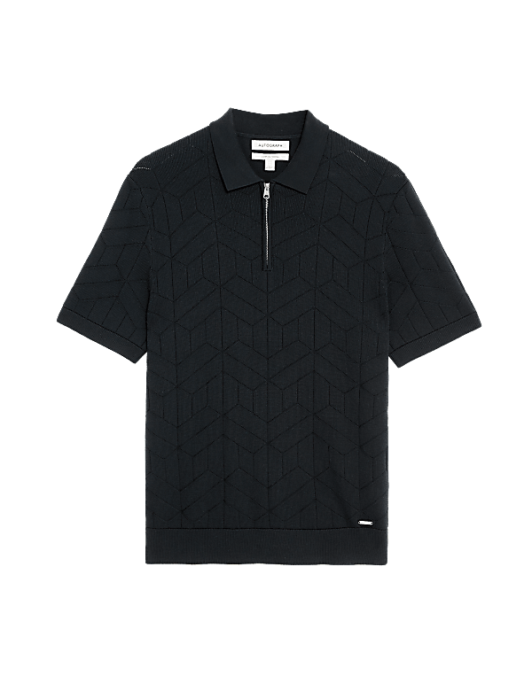 Cotton Rich Zip Up Knitted Polo Shirt