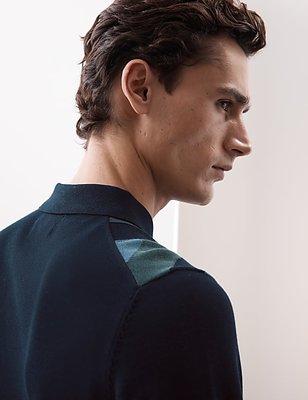 Cotton Rich Geometric Zip Up Knitted Polo Shirt