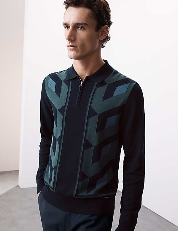 Cotton Rich Geometric Zip Up Knitted Polo Shirt