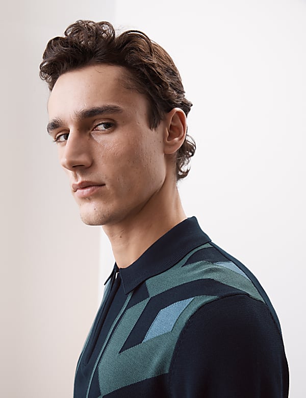 Cotton Rich Geometric Zip Up Knitted Polo Shirt