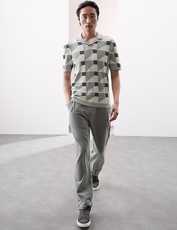 Pure Cotton Geometric Knitted Polo Shirt