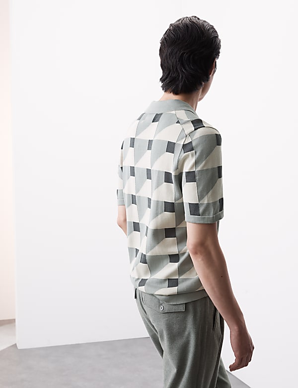 Pure Cotton Geometric Knitted Polo Shirt