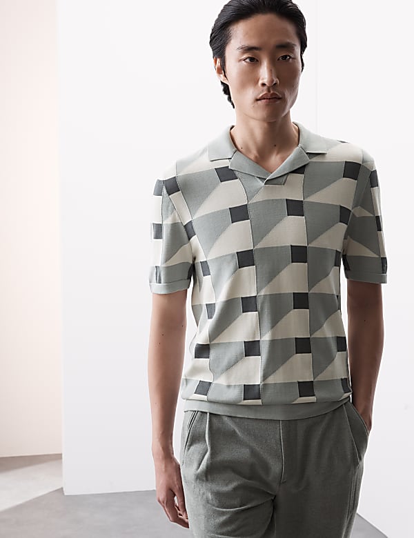 Pure Cotton Geometric Knitted Polo Shirt