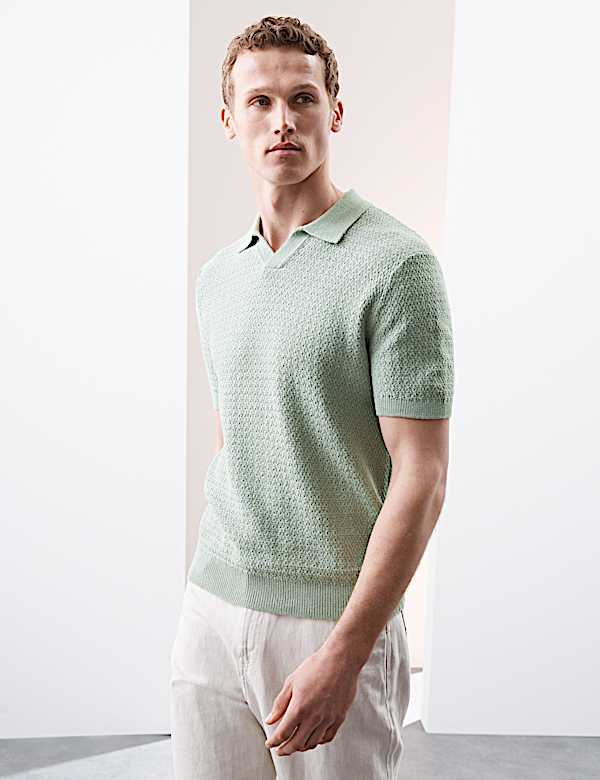 Linen Rich Knitted Open Neck Polo Shirt - CY