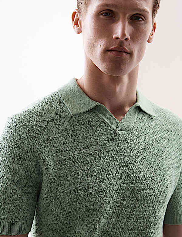 Linen Rich Knitted Open Neck Polo Shirt - CY