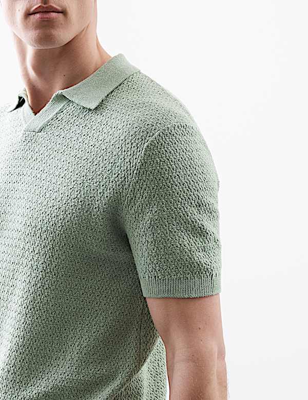 Linen Rich Knitted Open Neck Polo Shirt - CY