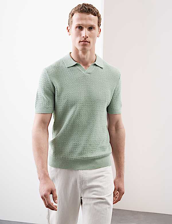 Linen Rich Knitted Open Neck Polo Shirt - CY