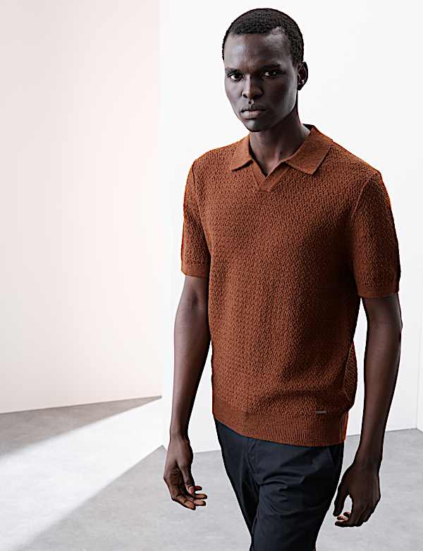 Linen Rich Knitted Open Neck Polo Shirt - VN