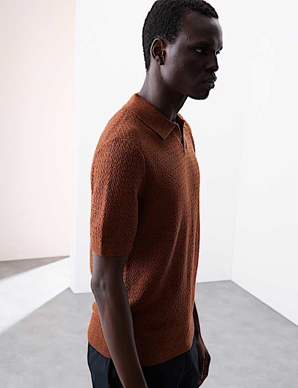 Linen Rich Knitted Open Neck Polo Shirt - US