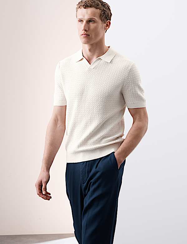 Linen Rich Knitted Open Neck Polo Shirt - US