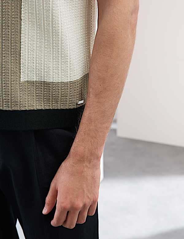 Mercerised Cotton Colour Block Knitted Polo Shirt