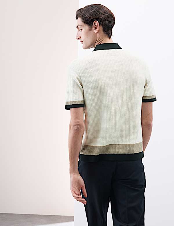 Mercerised Cotton Colour Block Knitted Polo Shirt