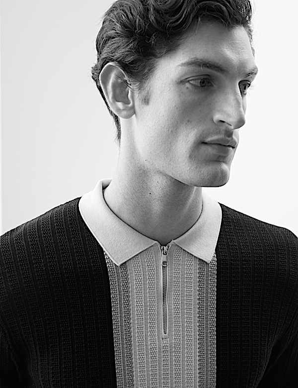 Mercerised Cotton Colour Block Knitted Polo Shirt