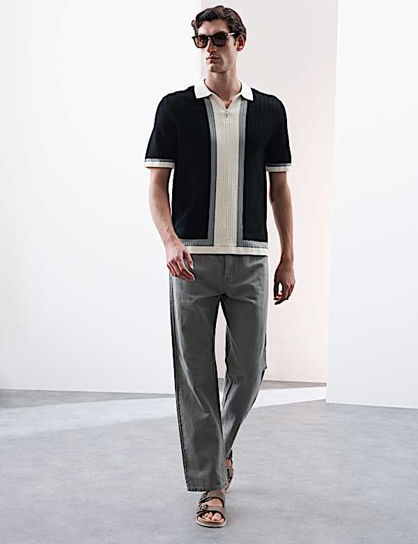 Mercerised Cotton Colour Block Knitted Polo Shirt