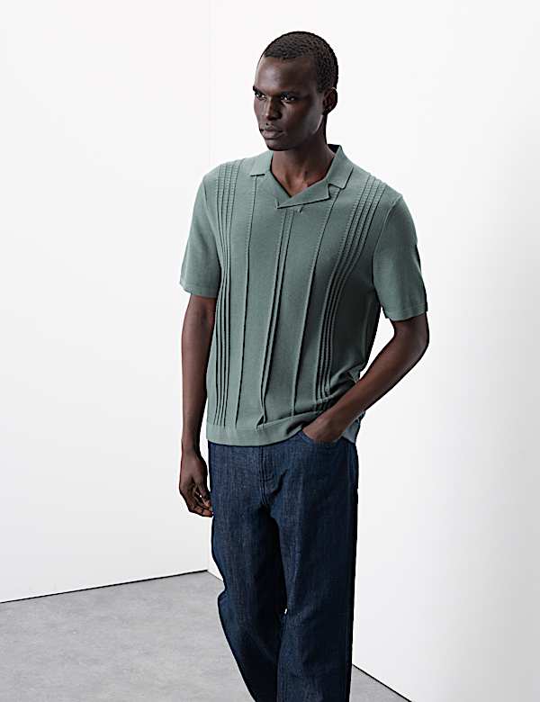 Pointelle Open Neck Knitted Polo Shirt - DK