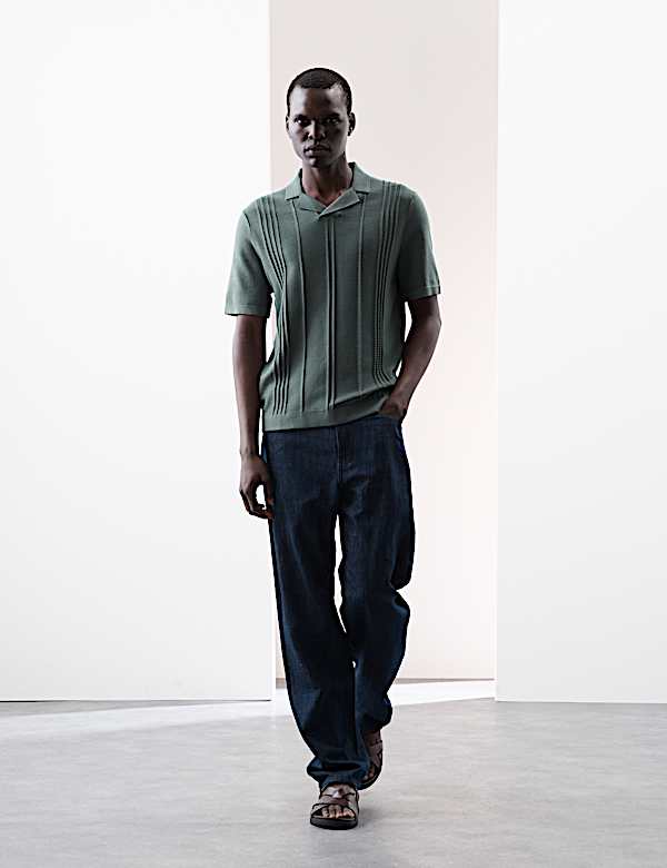 חולצת פולו בסריגת פוינטל עם צווארון פתוח - IL