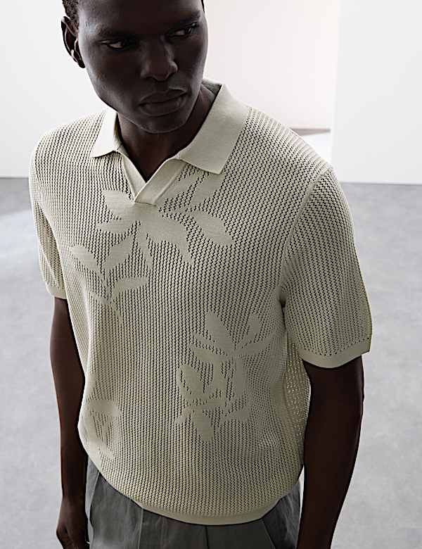 Open Neck Floral Textured Stitch Polo