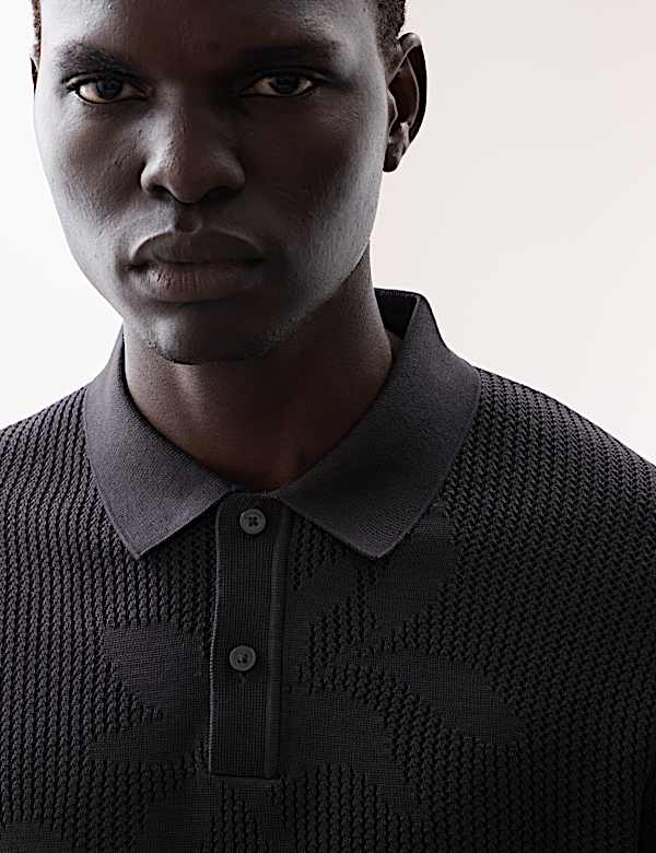 Floral Textured Knit Button Polo Shirt