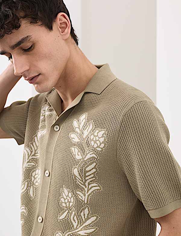 Pure Cotton Floral Knitted Polo Shirt - LT