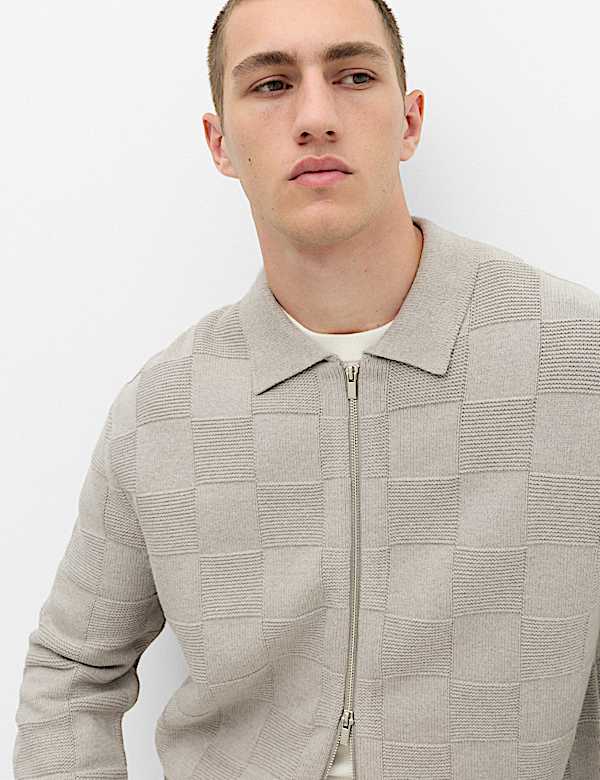 Cotton Rich Checked Zip Up Knitted Jacket - NZ