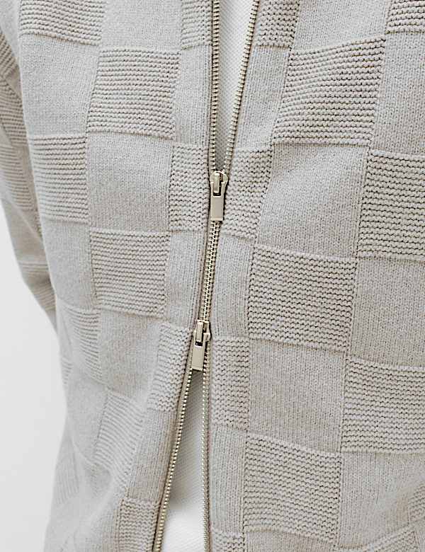 Cotton Rich Checked Zip Up Knitted Jacket - NZ