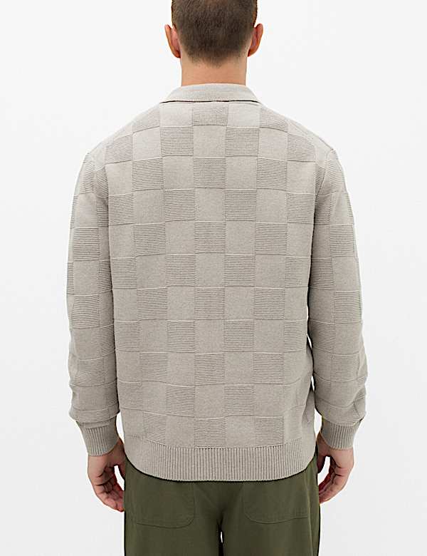 Cotton Rich Checked Zip Up Knitted Jacket - NZ