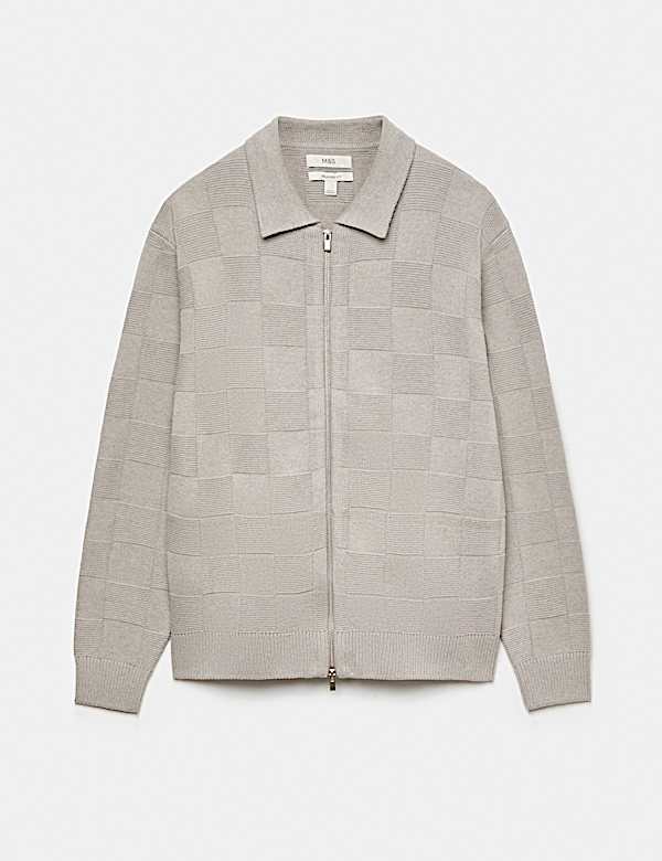 Cotton Rich Checked Zip Up Knitted Jacket - NZ
