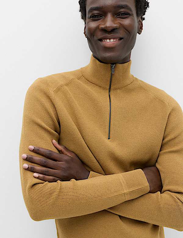 Cotton Blend Ribbed Half Zip Jumper - BN