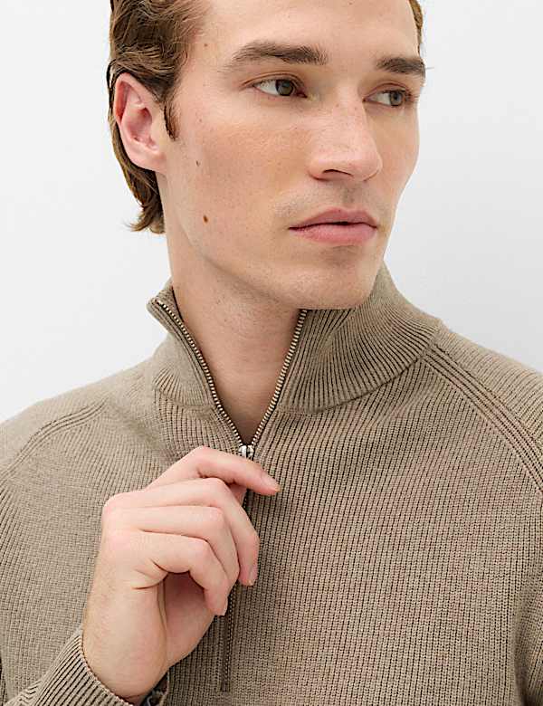 Cotton Blend Ribbed Half Zip Jumper