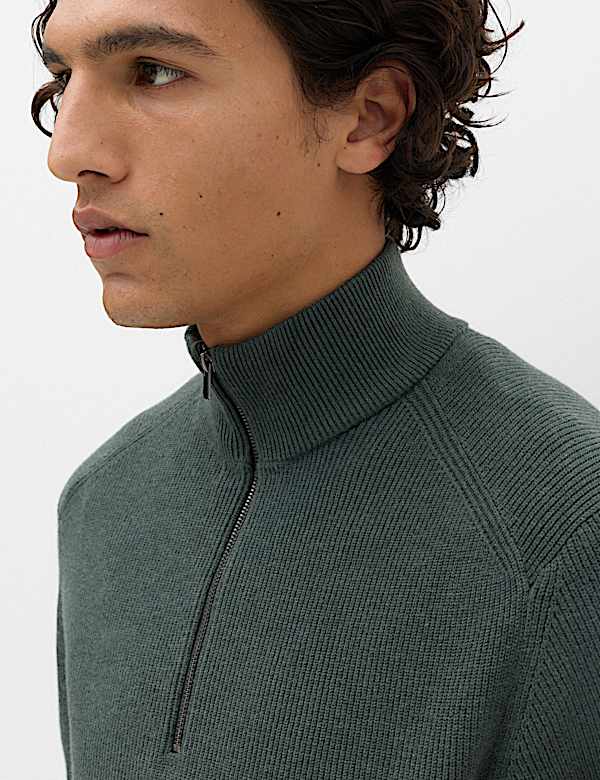 Cotton Blend Ribbed Half Zip Jumper