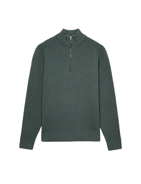 Cotton Blend Ribbed Half Zip Jumper