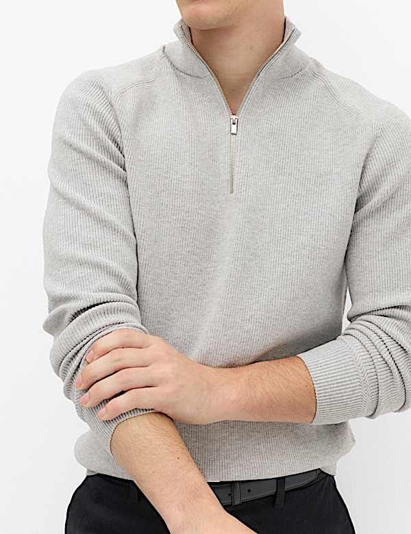 Cotton Blend Ribbed Half Zip Jumper