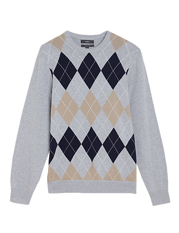 Pure Cotton Argyle Print Crew Neck Jumper