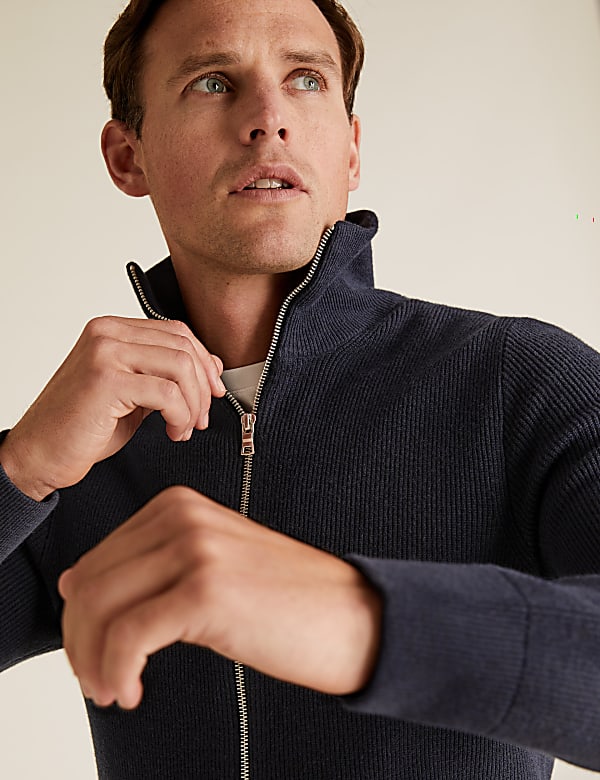 Cotton Rich Ribbed Funnel Neck Cardigan