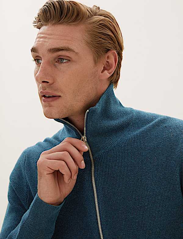 Cotton Rich Ribbed Funnel Neck Cardigan