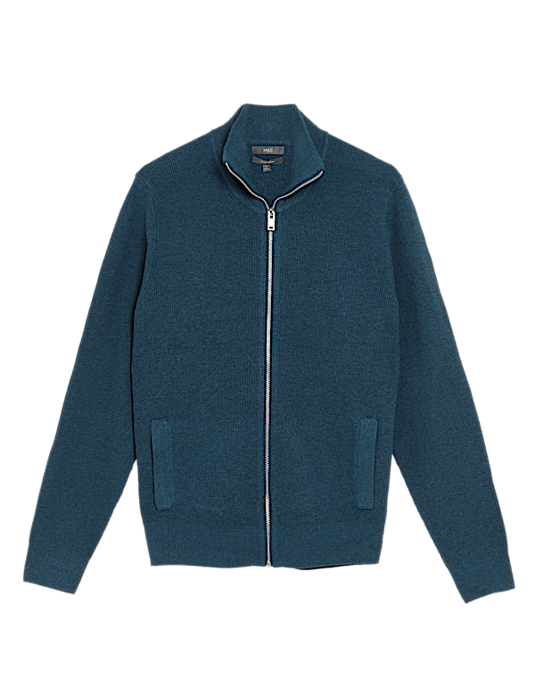 Cotton Rich Ribbed Funnel Neck Cardigan