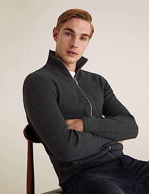 Cotton Rich Ribbed Funnel Neck Cardigan