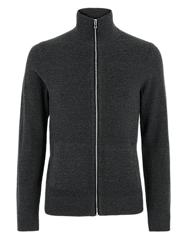 Cotton Rich Ribbed Funnel Neck Cardigan